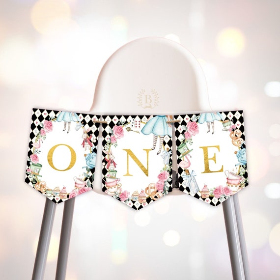 Alice In Wonderland First Birthday Banner - ONE High Chair Decor For Girl's Wonderland Party