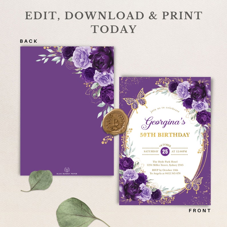 Front and backside of a 50th birthday invitation with a purple color scheme.