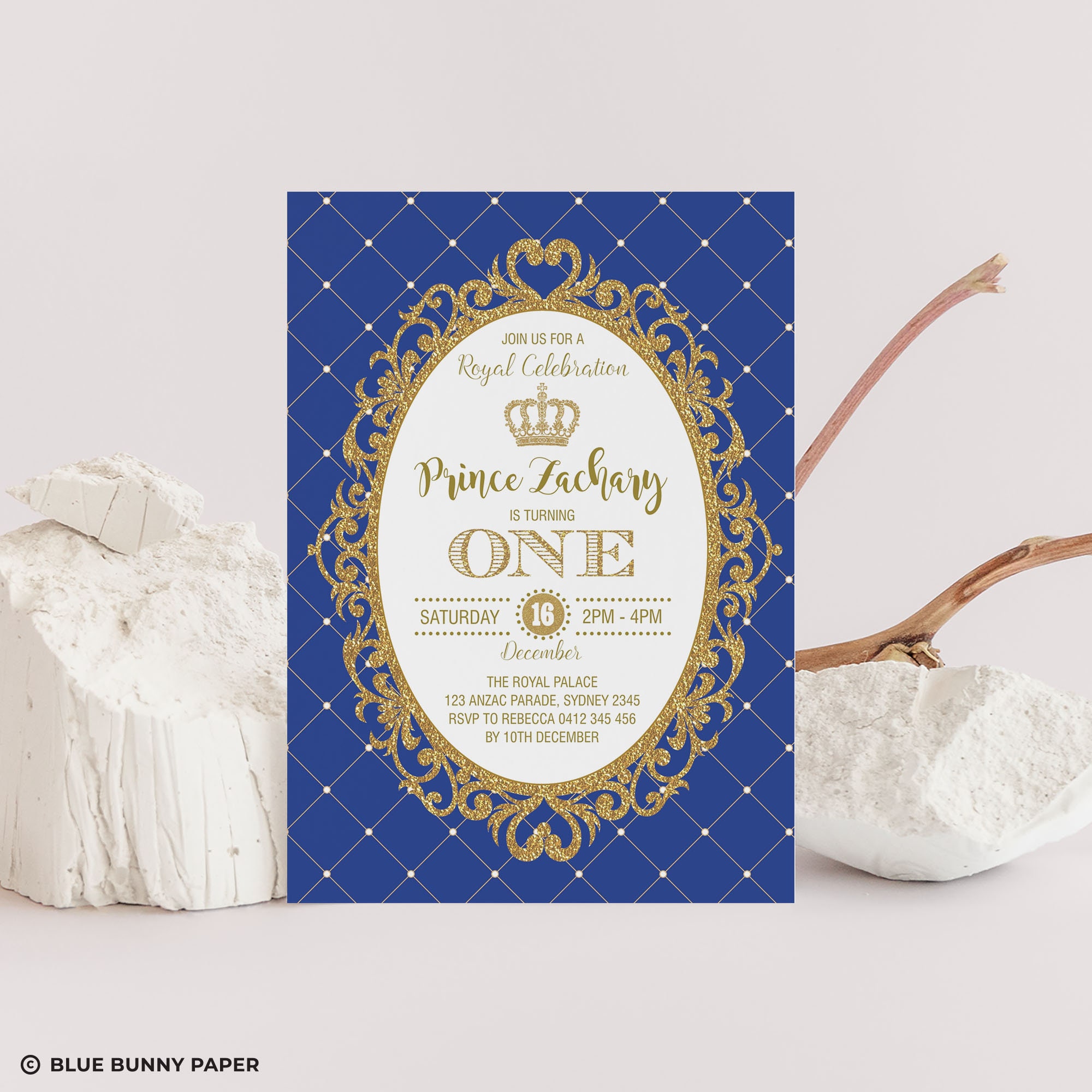 Prince, Royal, King, Blue, Gold, First Birthday, One, Birthday Party  Invitation