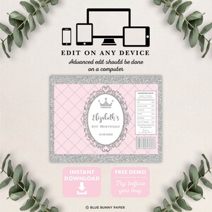 May include: Pink and silver printable party favor label with a crown and the text "Elizabeth's 1st Birthday 12.08.20XX".