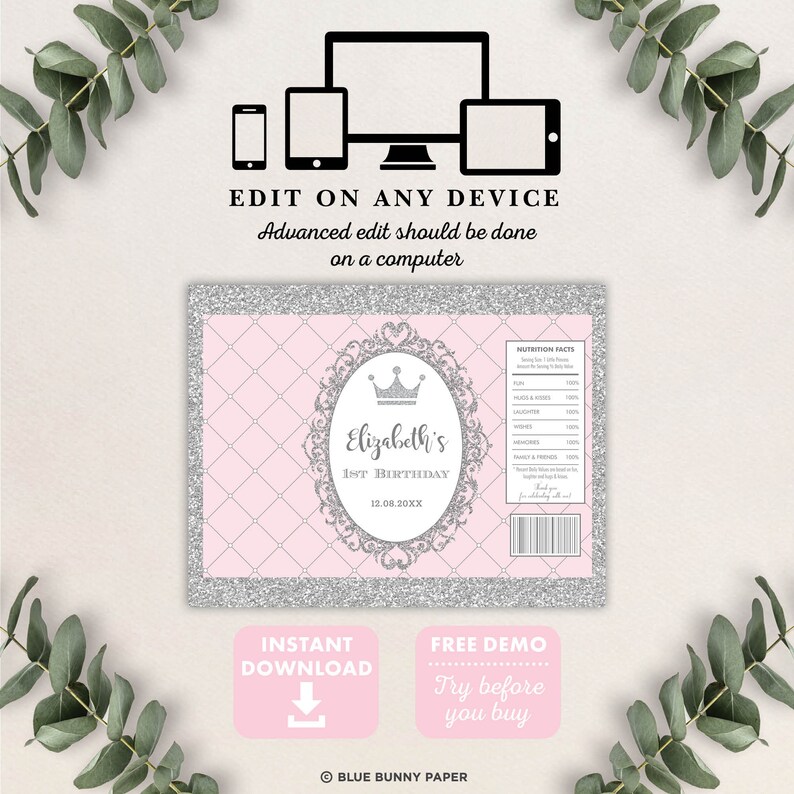 May include: Pink and silver printable party favor label with a crown and the text "Elizabeth's 1st Birthday 12.08.20XX".