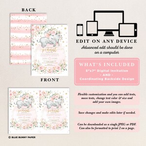 May include: A printable baby shower invitation featuring a pink and gold color scheme with a cute illustration of two elephants sleeping on a moon. The text on the invitation reads "A sweet little peanut is on her way" and "Charlotte Bennett".