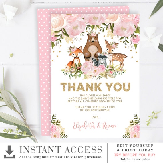 EDITABLE Girl Woodland Thank You Card. Pink Gold Floral Baby Shower Thank You Note. Woodland Animals Forest Birthday Printable. FLO18G Il_570xn