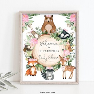 MODIFICABILE Woodland Baby Shower Cartello di benvenuto Floreale rosa Animali della foresta Decorazione stampabile Verde Baby Girl Download immediato WOOD25