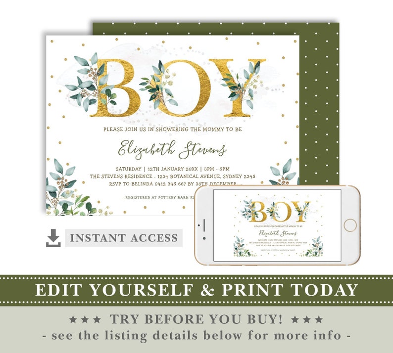 EDITABLE Greenery Boy Baby Shower Invitation / DIY Template / Elegant Watercolor Botanical Printable / Green Gold Instant Download / BOT9 image 2