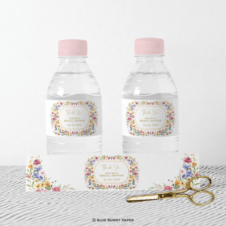 Colorful Flower Water Bottle Label, Wildflower Garden Bridal Shower Favors, Spring Floral Baby Shower Birthday EDITABLE TEMPLATE, FLO2 image 1