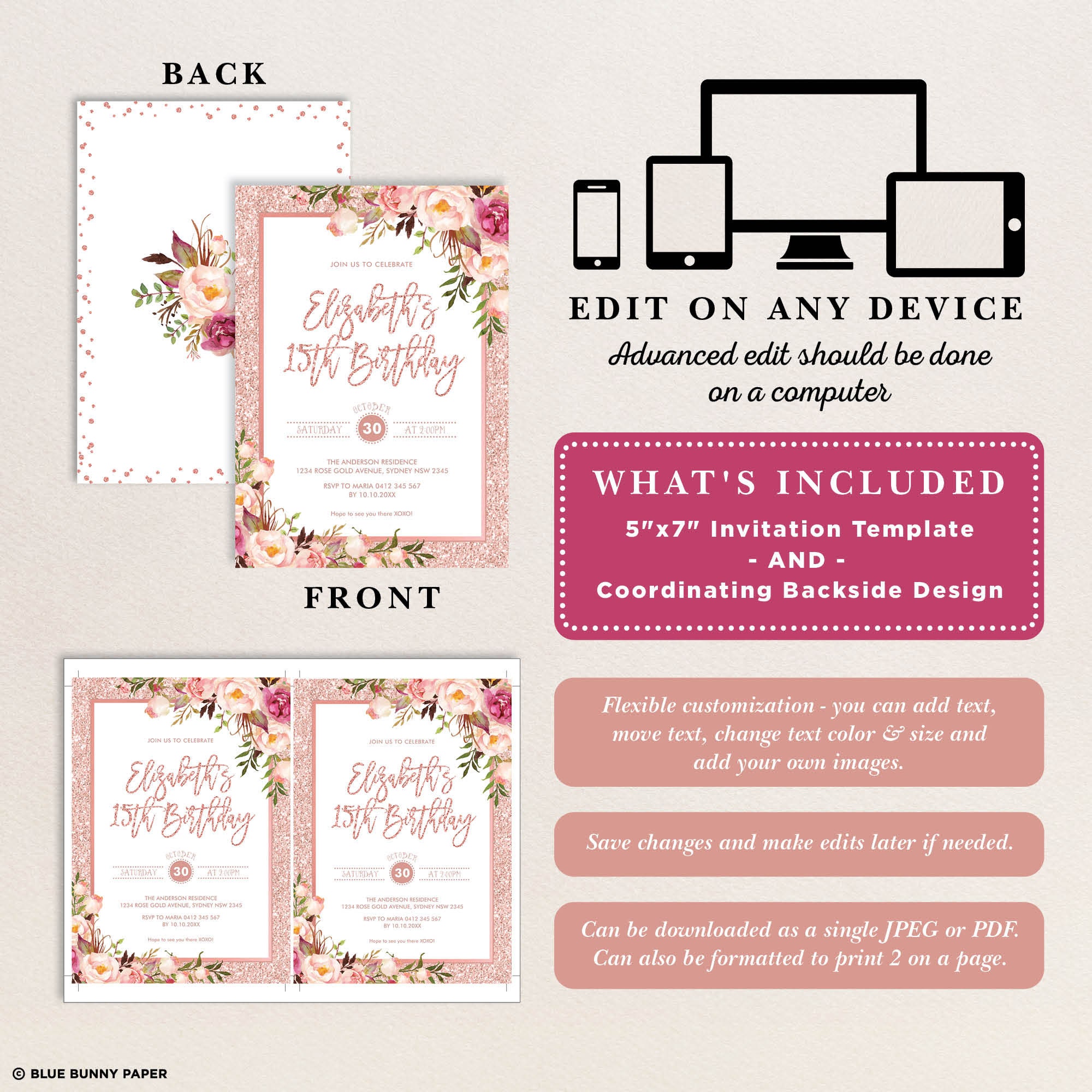 Rose Gold Birthday Invitation Template Blush Floral - Etsy
