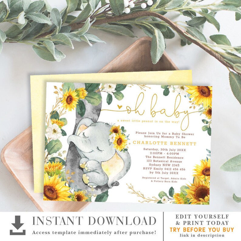 Sunflower Elephant Baby Shower Invitation. Summer Floral Etsy