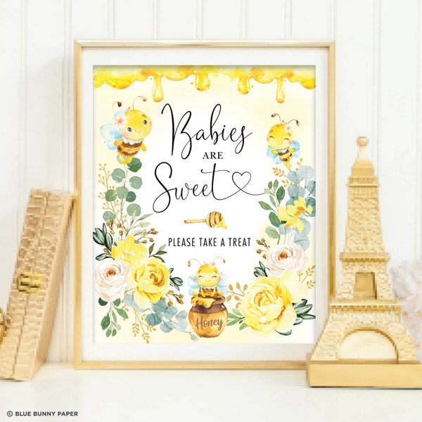 Babies are Sweet, Bee Baby Shower Decorations, Summer Bumble Bee Decor, Gender Neutral Yellow Flowers Favors Printable Sign DOWNLOAD, BEE1