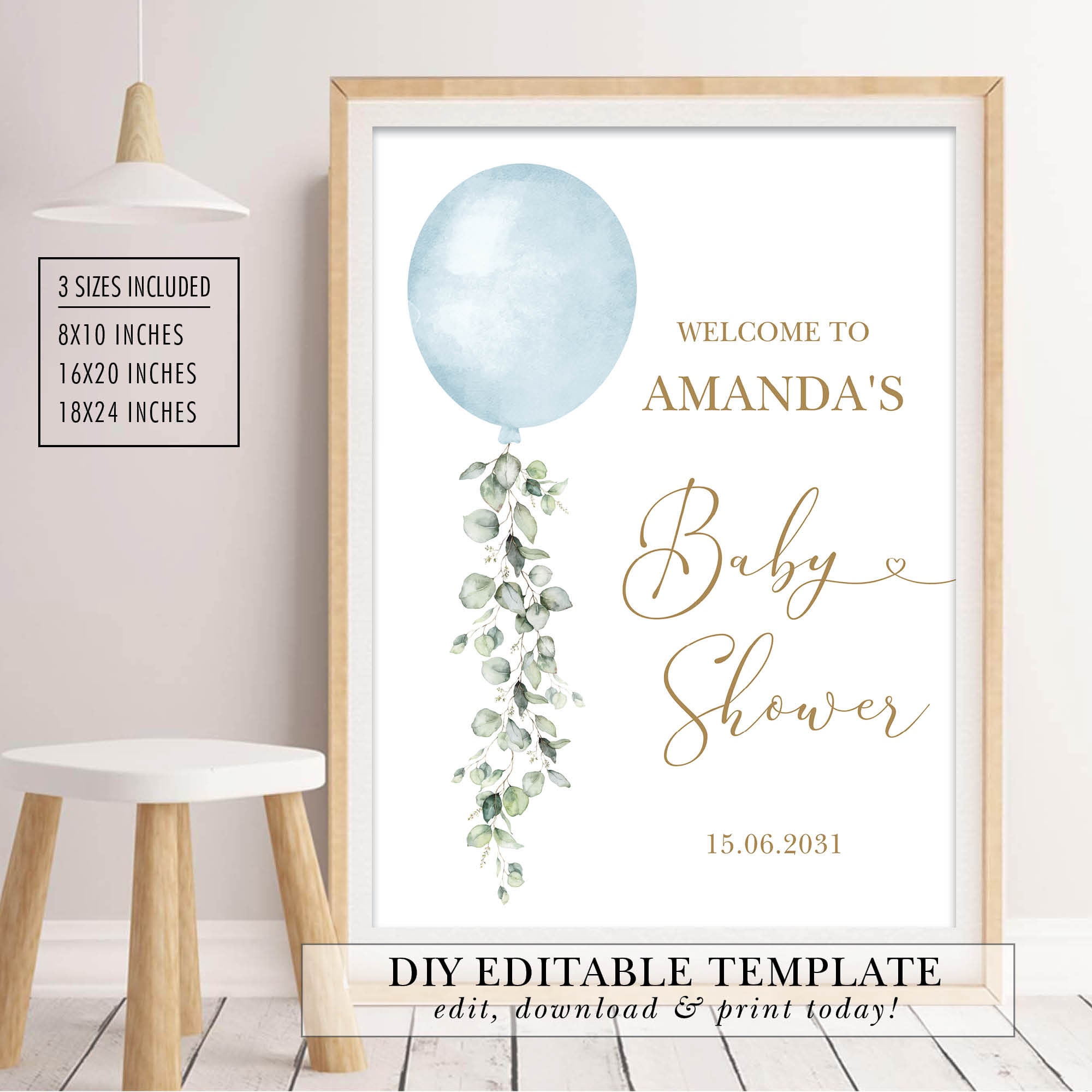 Blue Balloon Welcome Sign Eucalyptus Balloon Boy Baby Shower Editable ...