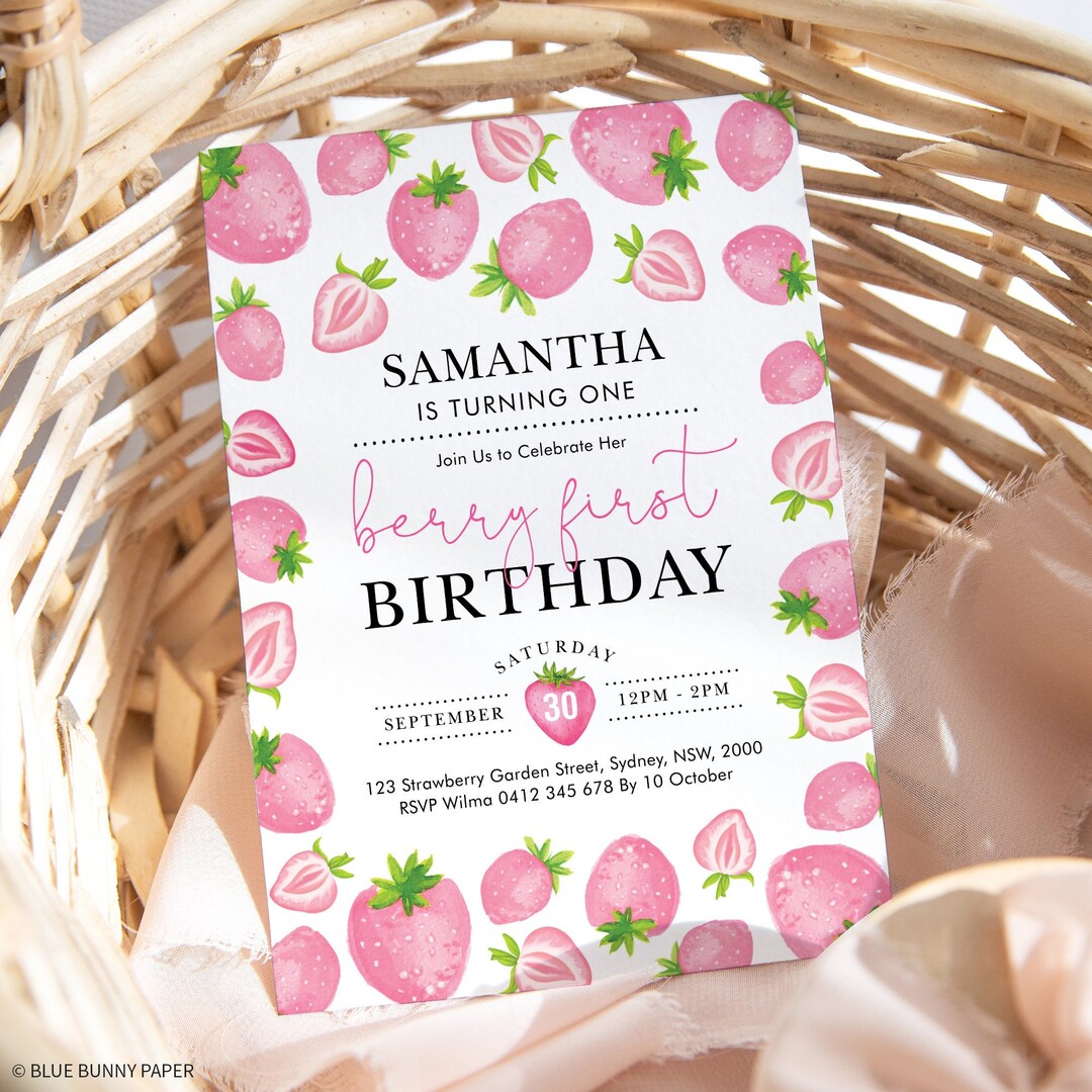 Pink Berry First Birthday Invitation Template, Editable Strawberry 1st ...