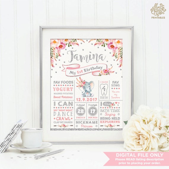 Boho Elephant Birthday Chalkboard Poster. Pink and Silver Floral First 1st Birthday Sign. Blush Confetti Milestone Nursery Decor. FLO12AES Il_570xn
