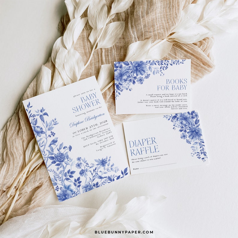 Blue and White Baby Shower Invitation Bundle Blue Floral Etsy