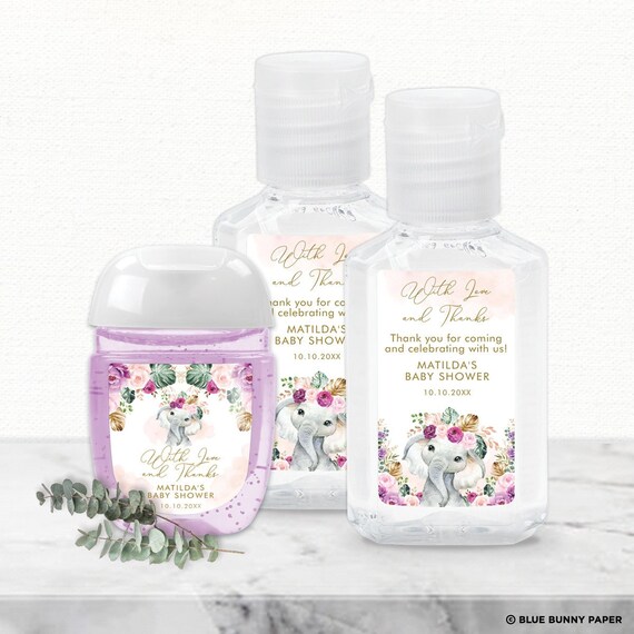 Boho Elephant Hand Sanitizer Label Template, Baby Shower Favors, Purple Blush Wild One Birthday