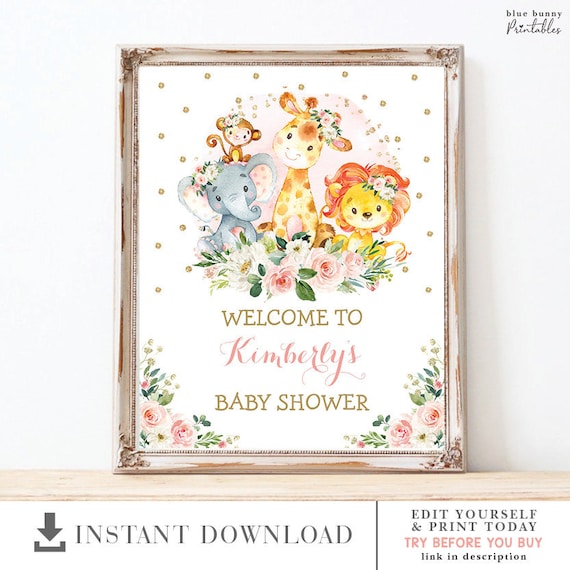 Drive By Safari Baby Shower Poster DB5 EDITABLE Girl Jungle Welcome Sign Pink Floral Wild Animals 1st Birthday Template Instant Download