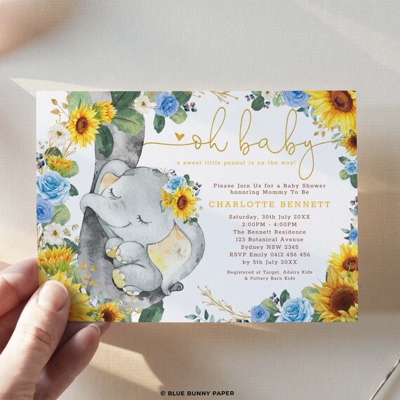 Sunflower Elephant Baby Shower Invitation, Blue Floral Greenery, Summer