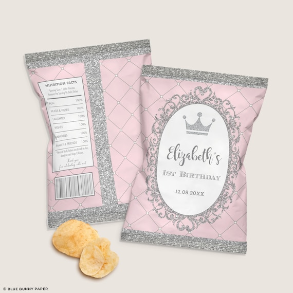 Editable Princess Chip Bag Template, Pink Silver Royal Crown Birthday Party Favors, Princess Baby Shower Printable INSTANT DOWNLOAD, PG3 Il_570xn