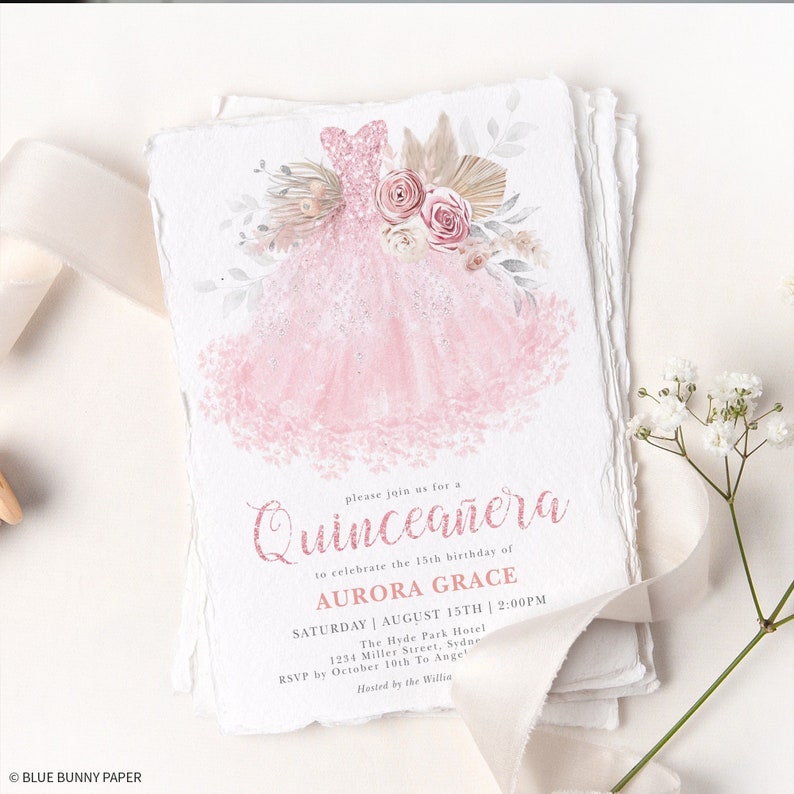 Quinceañera Invitation Editable Template Pink Glitter Dress Etsy
