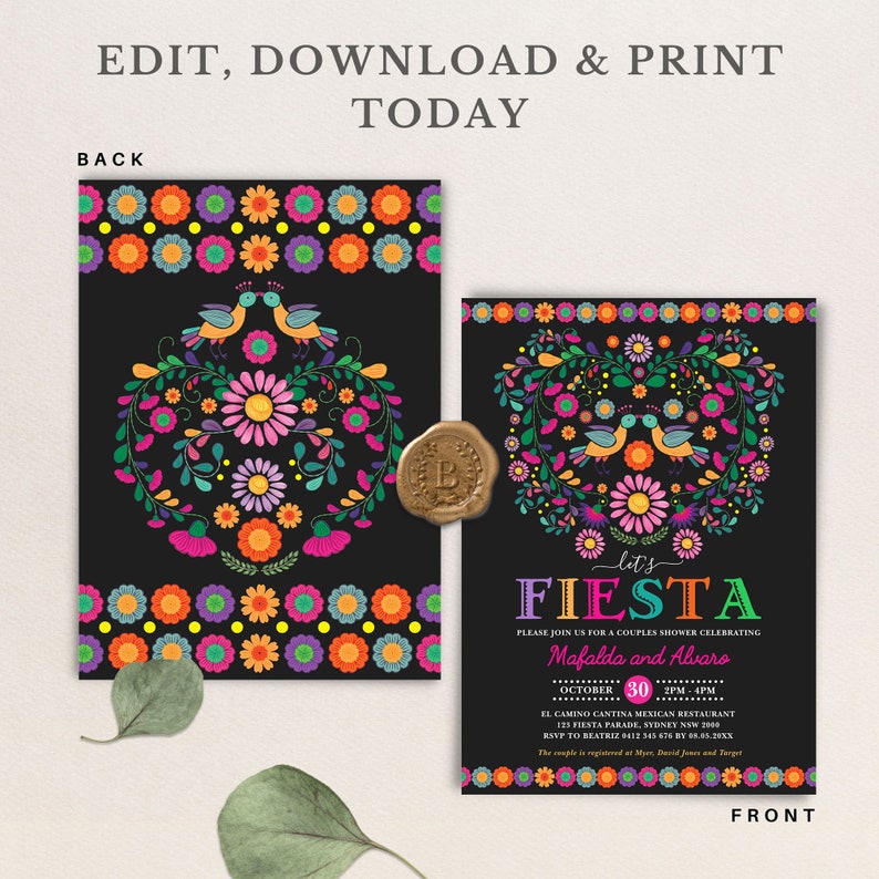 May include: A black and colorful printable invitation for a couples shower with the text "Let's Fiesta" and the names "Mafalda and Alvaro". The invitation features a traditional Mexican floral design with birds and a wax seal.