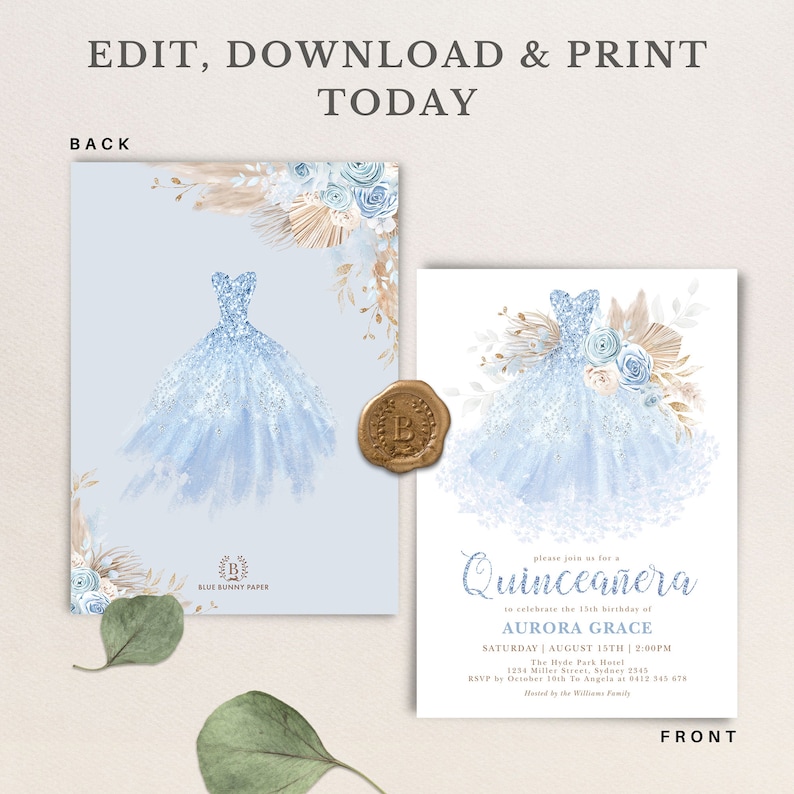 May include: Blue and white quincea&ntilde;era invitation with a watercolor illustration of a blue ball gown, floral accents, and the text "please join us for a Quincea&ntilde;era to celebrate the 15th birthday of AURORA GRACE SATURDAY AUGUST 15TH | 2:00PM The Hyde Park Hotel 1234 Miller Street, Sydney 2545 RSVP by October 10th To Angela at 0412 345 678 Hosted by the Williams Family"
