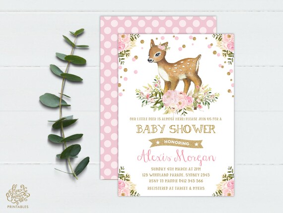 Greenery Woodland Watercolor Natural Modern Little Deer Baby Shower Invitation Pink Floral Wreath Girl Shower Invite Simple Prints