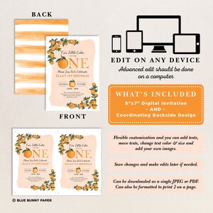 May include: Orange-themed first birthday invitation with text "Our Little Cutie ONE". The invitation includes a front and back design, with orange and green foliage. The text "5"x7" Digital Invitation" is also included.