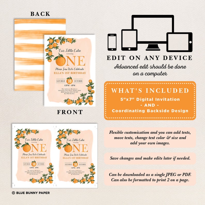 May include: Orange-themed first birthday invitation with text "Our Little Cutie ONE". The invitation includes a front and back design, with orange and green foliage. The text "5"x7" Digital Invitation" is also included.
