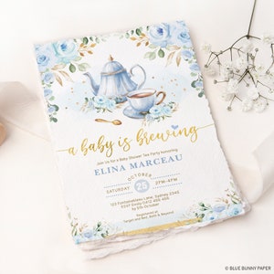Boy Baby Shower Tea Party Invitation, Baby is Brewing Baby Brunch Invite, Blue Gold Floral Par-Tea Printable Editable Template, FLO43 image 5