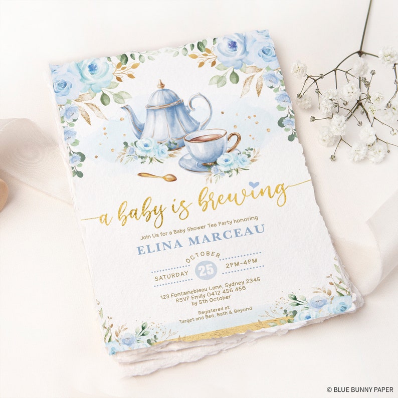 Boy Baby Shower Tea Party Invitation, Baby is Brewing Baby Brunch Invite, Blue Gold Floral Par-Tea Printable Editable Template, FLO43 image 5