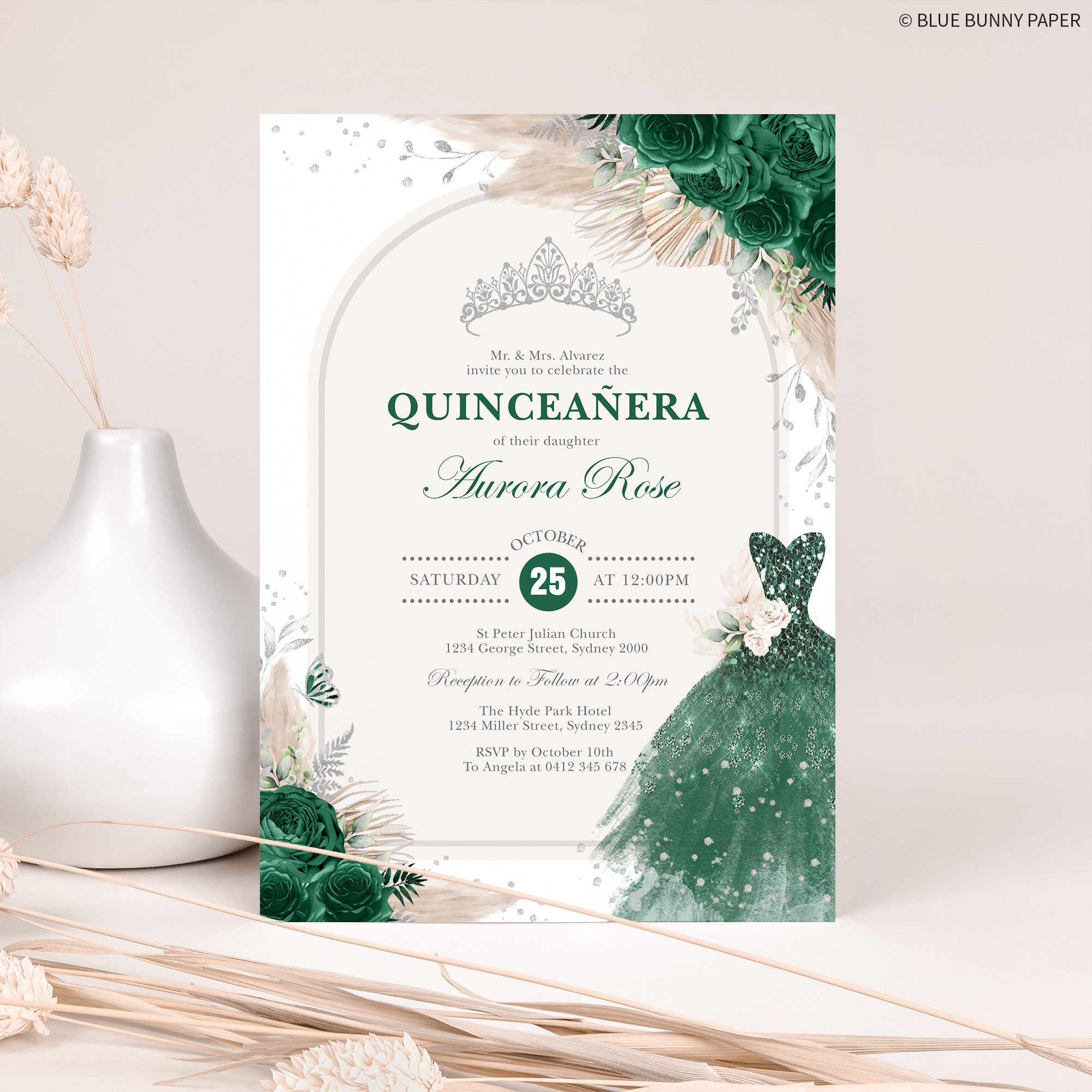Emerald Silver Quinceanera Invitation Template Boho Green Mis - Etsy