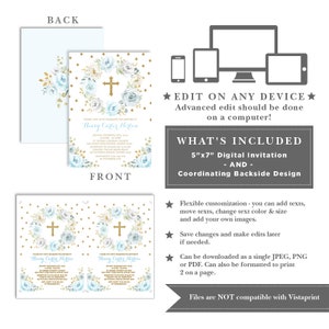 EDITABLE Baptism Invitation. Dusty Blue Gold Floral Christening Communion Printable Invite. Glitter Confetti Downloadable Template. FLO31 image 3