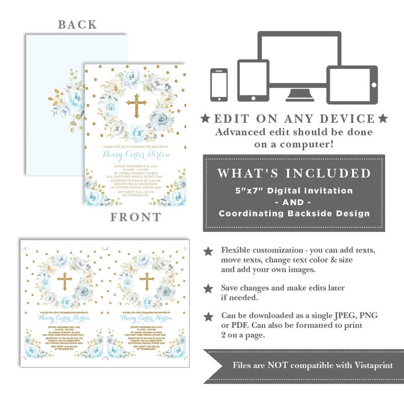 EDITABLE Baptism Invitation. Dusty Blue Gold Floral Christening Communion Printable Invite. Glitter Confetti Downloadable Template. FLO31 image 3