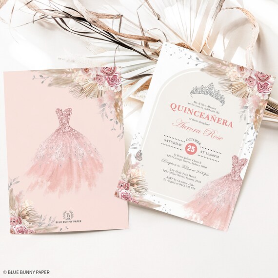 Quinceaera Invitation Editable Template Pink Glitter Dress Floral 15th  Birthday Quince Anos Rose Gold Invite Corjl Digital Download FLO15 - Etsy  Sweden