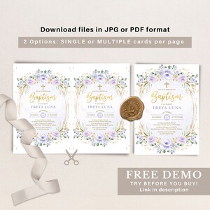 May include: Purple and gold baptism invitation with a floral wreath and the text "Join Us to Celebrate the Baptism of our daughter Freya Luna" and the date "September 25 at 10:00am".