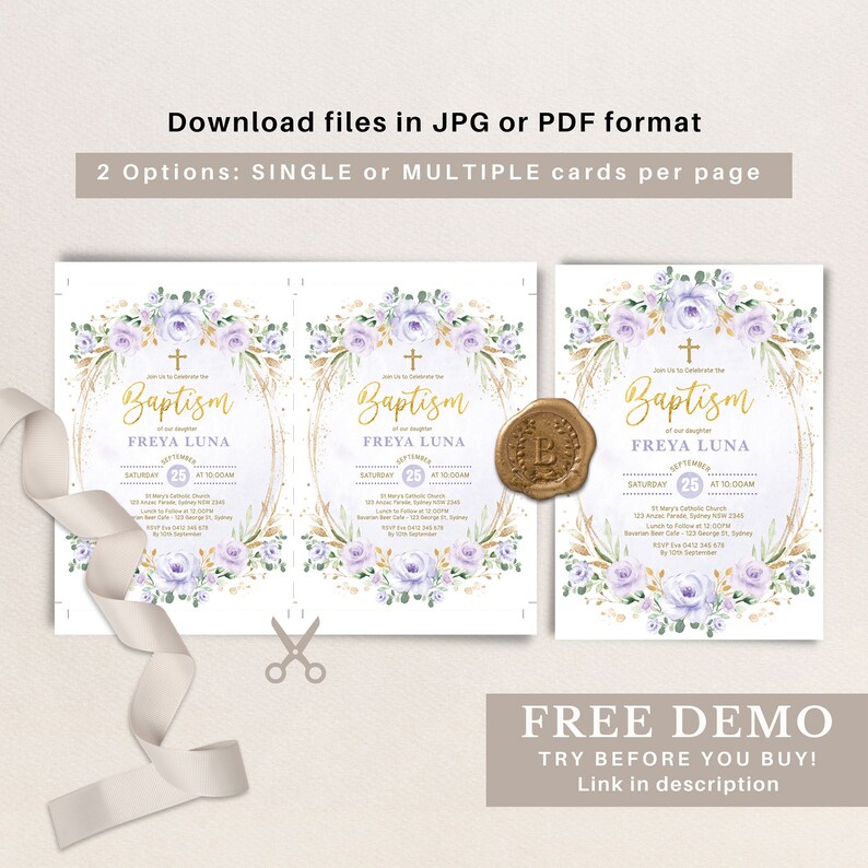 May include: Purple and gold baptism invitation with a floral wreath and the text "Join Us to Celebrate the Baptism of our daughter Freya Luna" and the date "September 25 at 10:00am".