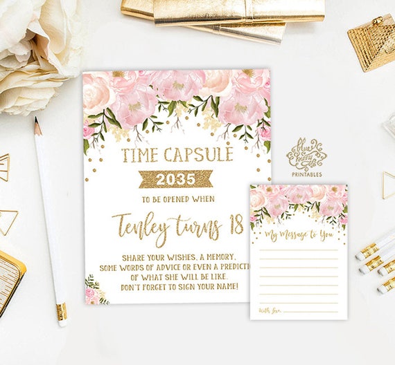 Pink Floral TIME CAPSULE. Blush Pink and Gold First Birthday Party Printable Decor. Girl Baby Shower Decoration. FLO18A Il_570xn