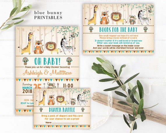 Tribal Jungle Baby Shower Invitation / Safari Animals Diaper Raffle / Books For Baby Insert Card / 3-PIECE-SUITE Baby Shower Package. JUN4 Il_570xn