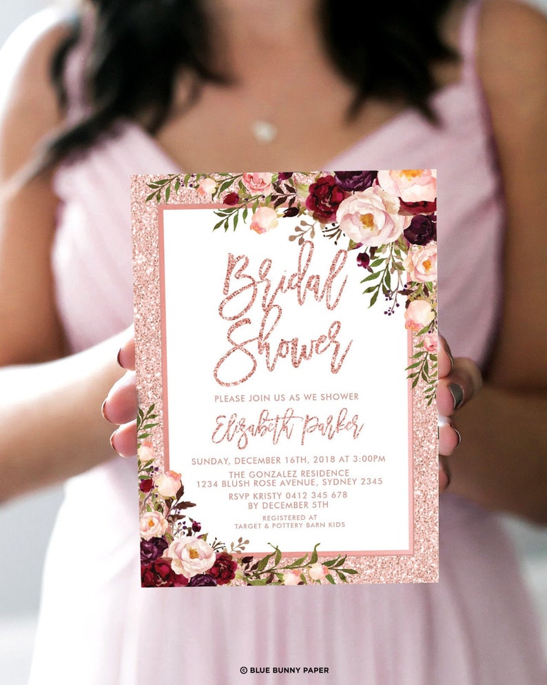 May include: A rose gold glitter bridal shower invitation with a floral design. The invitation reads "Bridal Shower Elizabeth Parker" and includes the date, time, location, RSVP information, and registry details.
