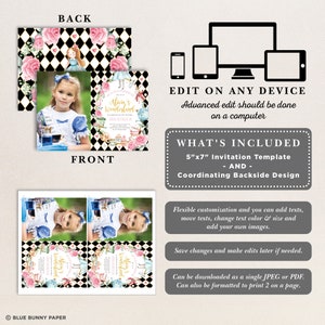 May include: Alice in Wonderland themed invitation template with a black and white chequered background, pink flowers, and a teacup. The front of the invitation features a photo of a young girl dressed as Alice. The back of the invitation has a coordinating design with a black and white chequered background and pink flowers.