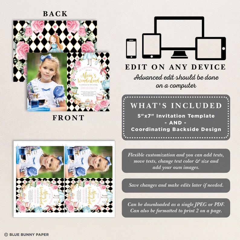 May include: Alice in Wonderland themed invitation template with a black and white chequered background, pink flowers, and a teacup. The front of the invitation features a photo of a young girl dressed as Alice. The back of the invitation has a coordinating design with a black and white chequered background and pink flowers.