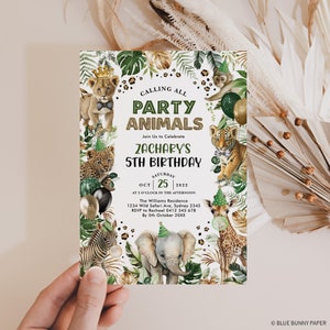 May include: A green and gold party invitation with jungle animals, including a lion, tiger, giraffe, zebra, and elephant. The invitation reads "Calling all Party Animals" and "Zachary's 5th Birthday".