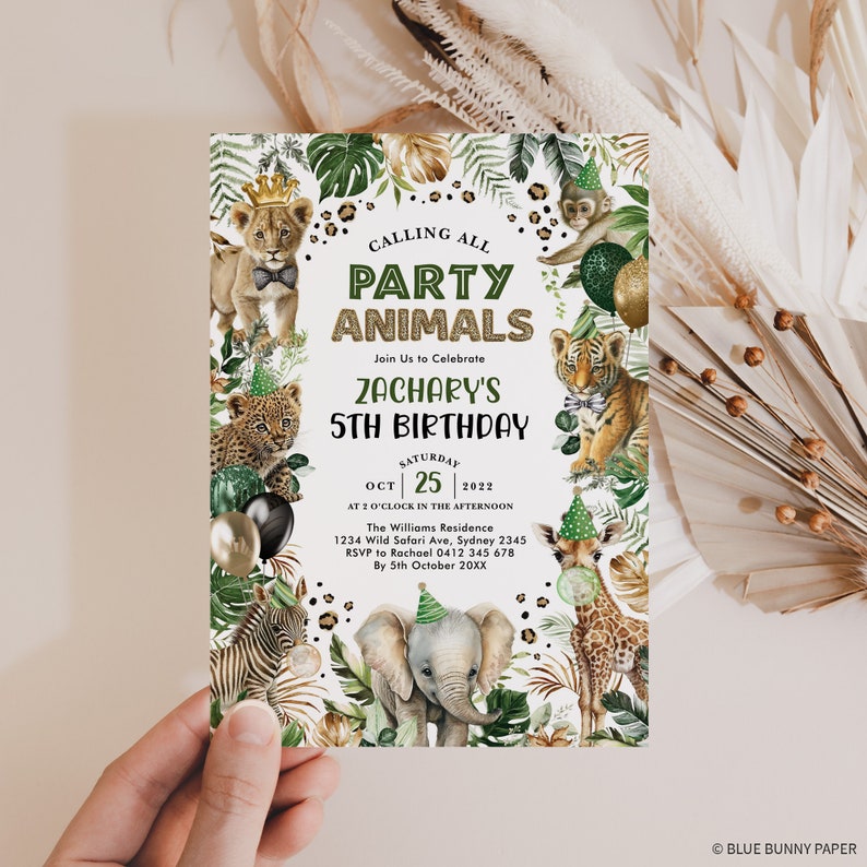 May include: A green and gold party invitation with jungle animals, including a lion, tiger, giraffe, zebra, and elephant. The invitation reads "Calling all Party Animals" and "Zachary's 5th Birthday".
