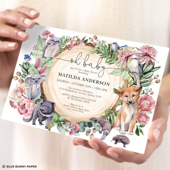 Australian Animals Baby Shower Invitation, Native Blush Red Floral Baby Girl, Wildlife