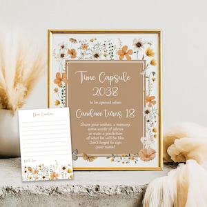 CÁPSULA DE TEMPO de flores silvestres de outono, decorações de festa de chá de primeiro aniversário Boho Wild One, modelo EDITÁVEL de cartão de conselhos de jardim em tom de terra, FLO32