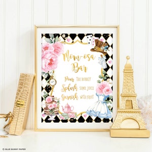 Momosa Bar Sign, Alice in Wonderland Baby Shower Printable Decoration, Pink Floral Mad Hatter Tea Party Digital INSTANT DOWNLOAD, AL3