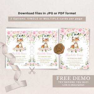 May include: Invitation cards with a watercolor fox illustration, pink roses, and gold accents. The text reads "Charlotte Grace is turning one!" with event details. Includes options for single or multiple cards per page.