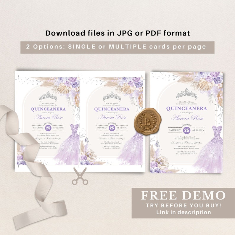 May include: Purple and gold quincea&ntilde;era invitation with a watercolor illustration of a dress, flowers, and a crown. The text reads "Quincea&ntilde;era Aurora Rose" and "Saturday 25 at 12:00PM".