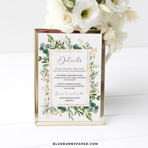 EDITABLE Sage Green Boho Wedding Detalles Tarjeta Plantilla Greenery Wedding Enclosure Tarjeta Jardín Eucalipto Insertar DESCARGA INSTANTE, GR3