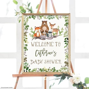 Cartello di benvenuto per baby shower nel bosco modificabile. Decorazione stampabile rustica per baby shower con animali del bosco. Foresta botanica. BOT5