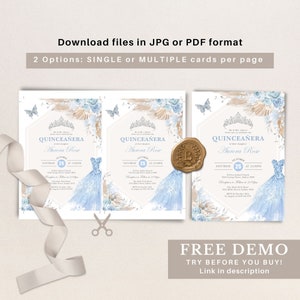 May include: Two printable Quincea&ntilde;era invitation cards with a blue and white dress, butterflies, and floral accents. The text on the cards reads "Quincea&ntilde;era Aurora Rose" and "October 25 at 12:30PM".